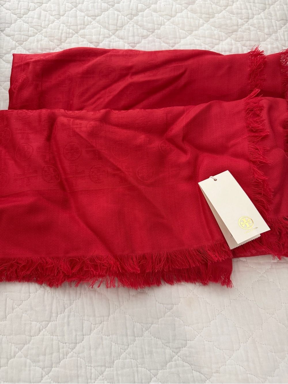 Tory Burch Vibrant Red Fringed Logo Scarf